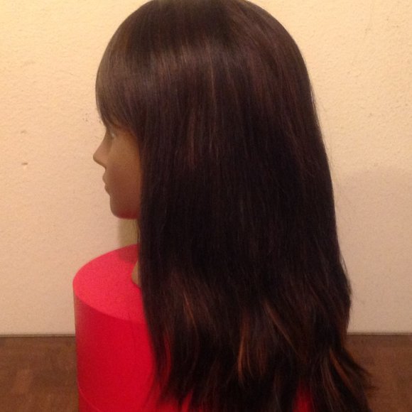 Medium Length Brown Synthetic Wig with Highlights - Picture 4 of 9
